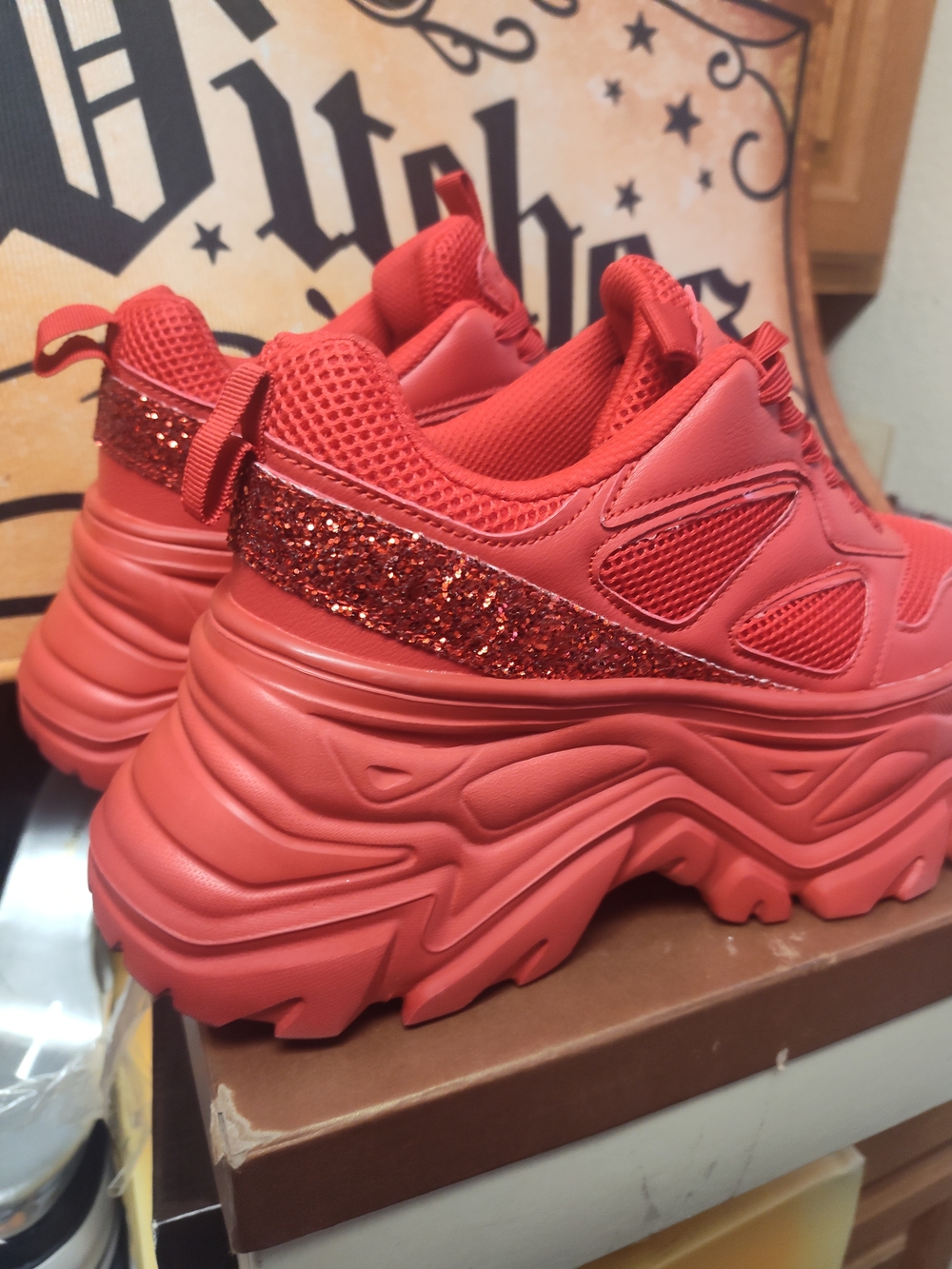 Red Platform Glitter Women's Sneakers - Picture 4 of 8